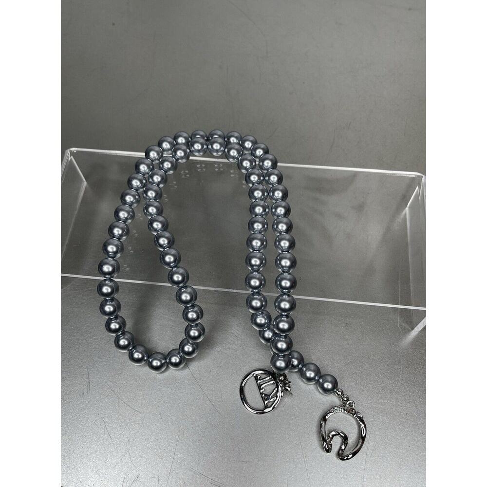 Kenneth Jay Lane Vintage Gray Blue Faux Pearl Necklace 24in Silver Tone
